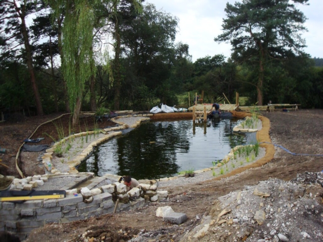 Overhanging Platform & Pond Perimeter Being Built Pond Construction Devon