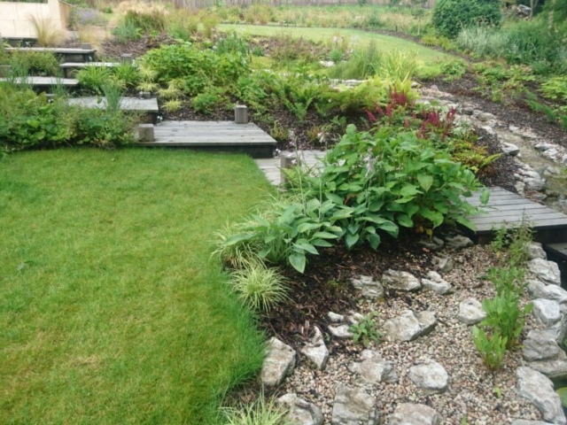 One Year After Completion Showing Stepped Pontoons & Planting Ecological Landscaping Devon